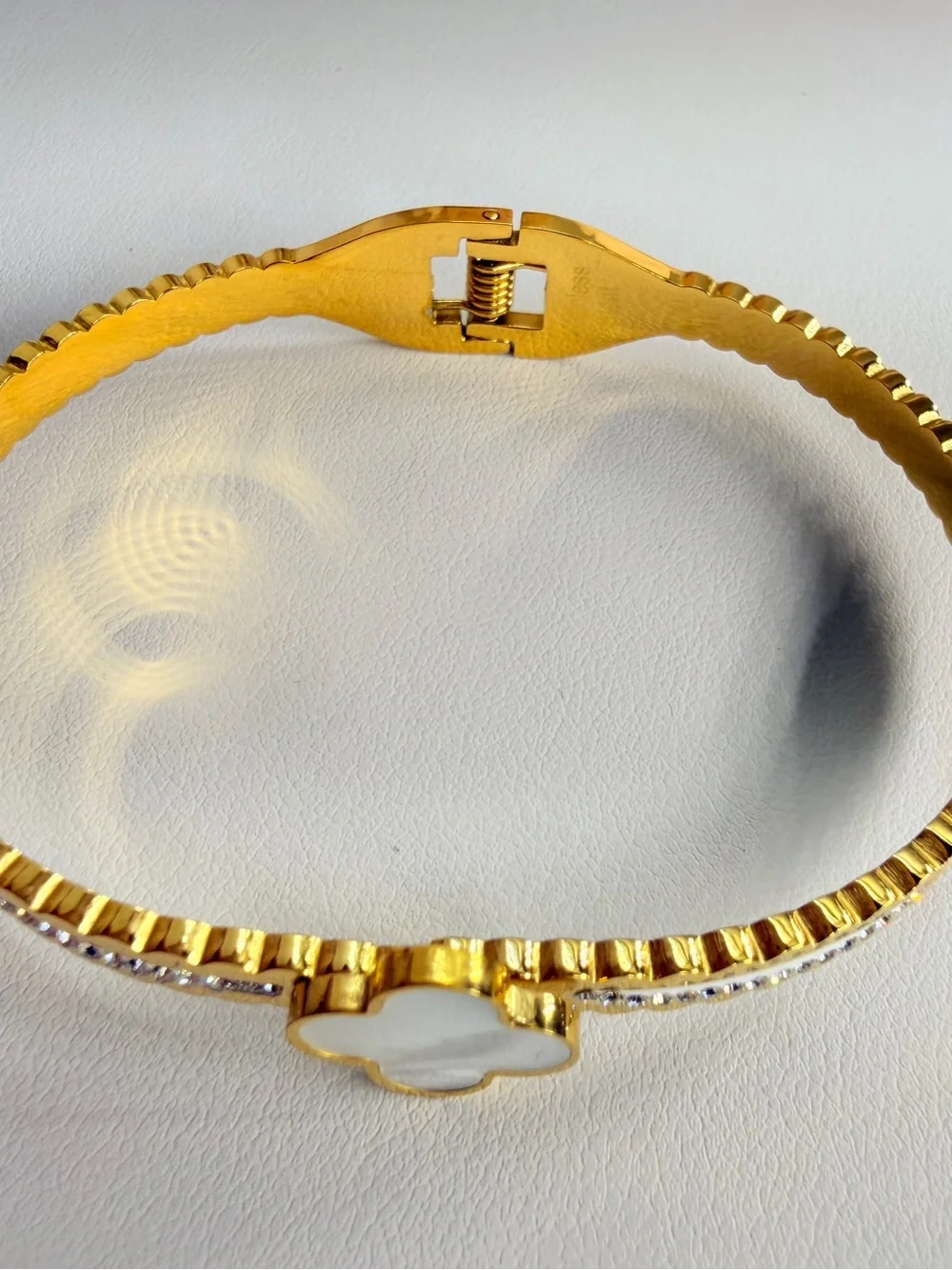 Stainless steel Gold Bangle Bracelet with White Mother-of-Pearl Clover Accent